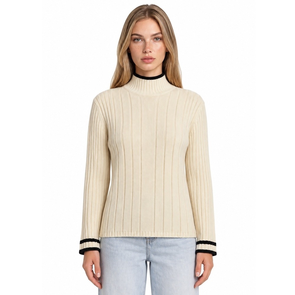Ann Taylor Sweater Women's Size Medium Cream Black Ribbed Turtleneck 100% Cotton